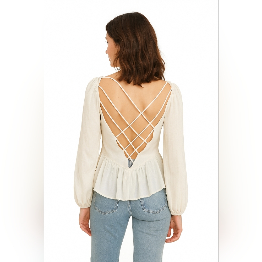 Anthropologie Forever That Girl Cream Peplum Long Sleeve Strappy Back Size 6